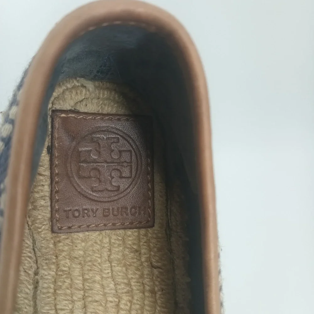 Tory Burch Navy Blue Canvas Woven Espadrille Flats Double T Logo Size 8